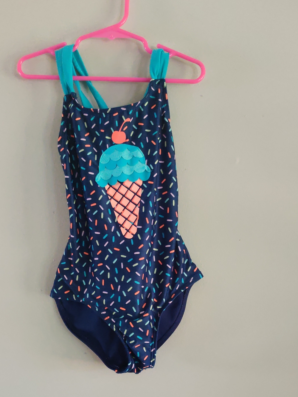 Cat & Jack Navy One-Piece Swimsuit with Turquoise Straps and Pink Ice Cream 6/6X